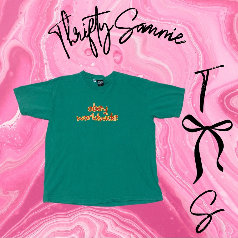 Obey Teal Tee with Vibrant Orange Text